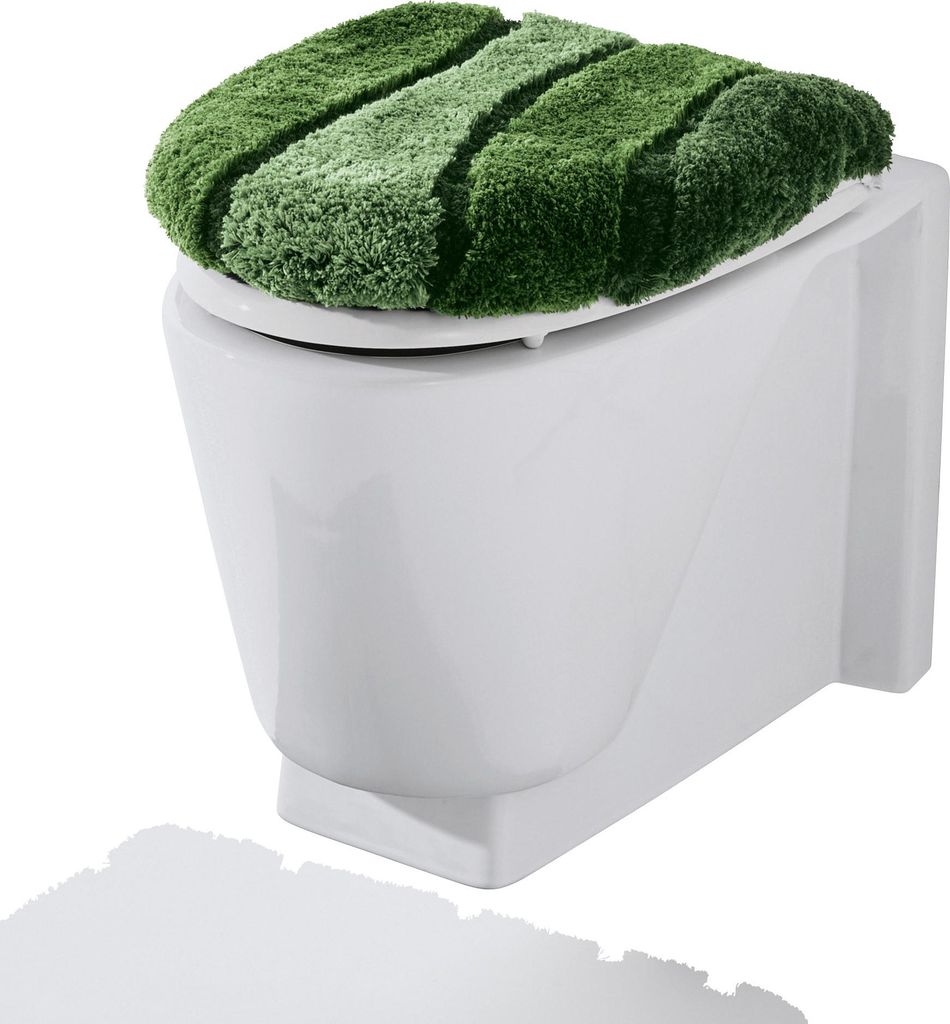 A toilet seat cover with a green, striped, plush design is placed on a white toilet.