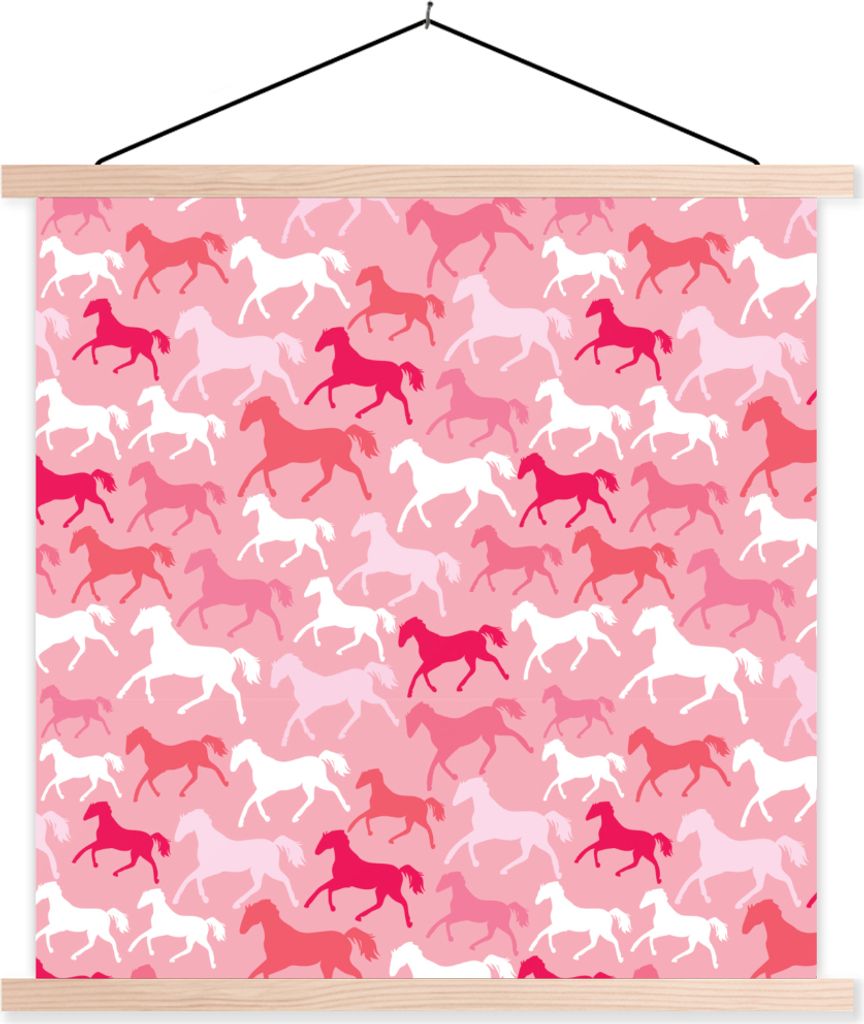 MuchoWow Textilposter Pferde - Rosa - Muster - Mädchen - Kinder - Mädchen 120x120 cm mit holzfarbenen Rahmen - Textil-Poster