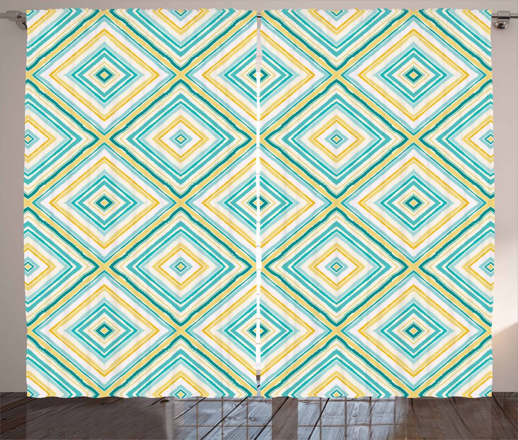 ABAKUHAUS Wasser Rustikaler Vorhang, Rhombus in Frühlingsfarben, Wohnzimmer Universalband Gardinen mit Schlaufen und Haken, 280 x 245 cm, Türkis ...