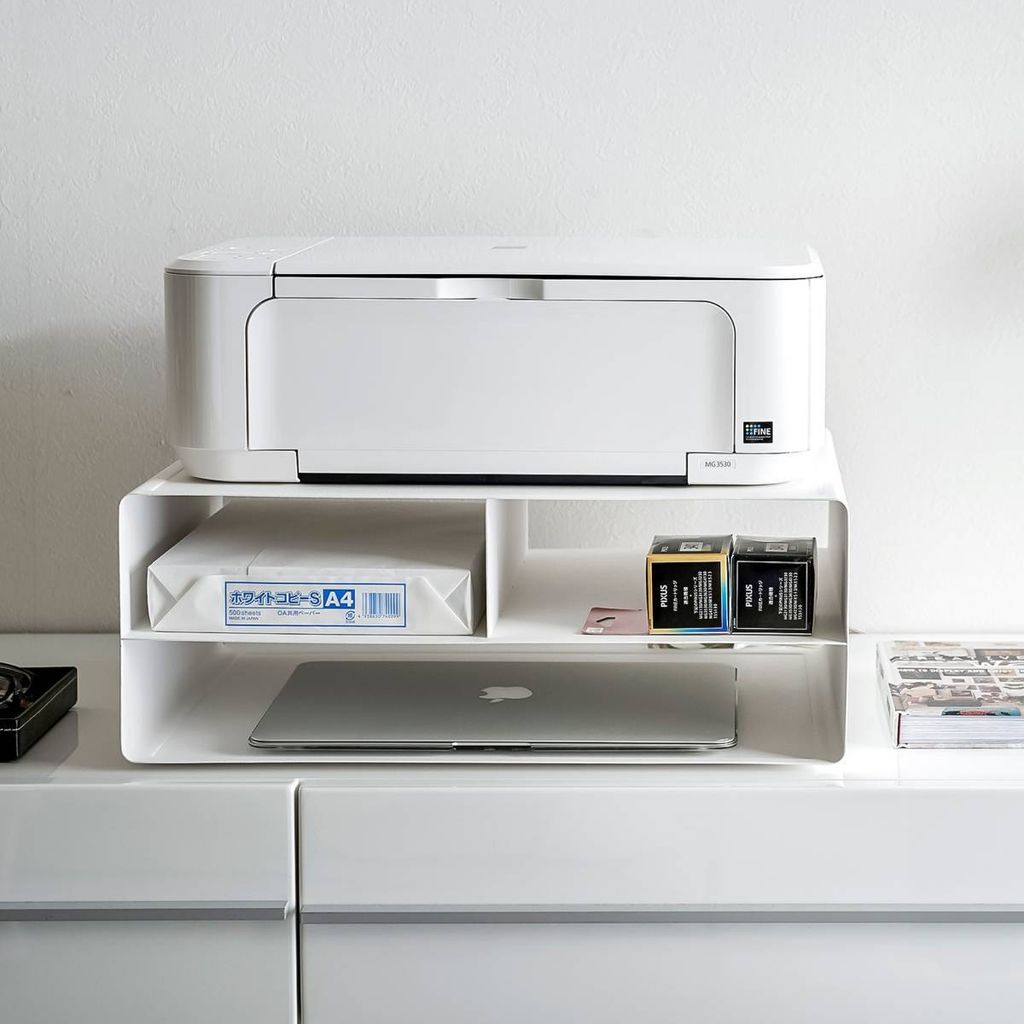 Yamazaki Druckerstation Druckerregal Druckertrolley Druckerschrank mit Rollen 48x19x37cm Metall weiß