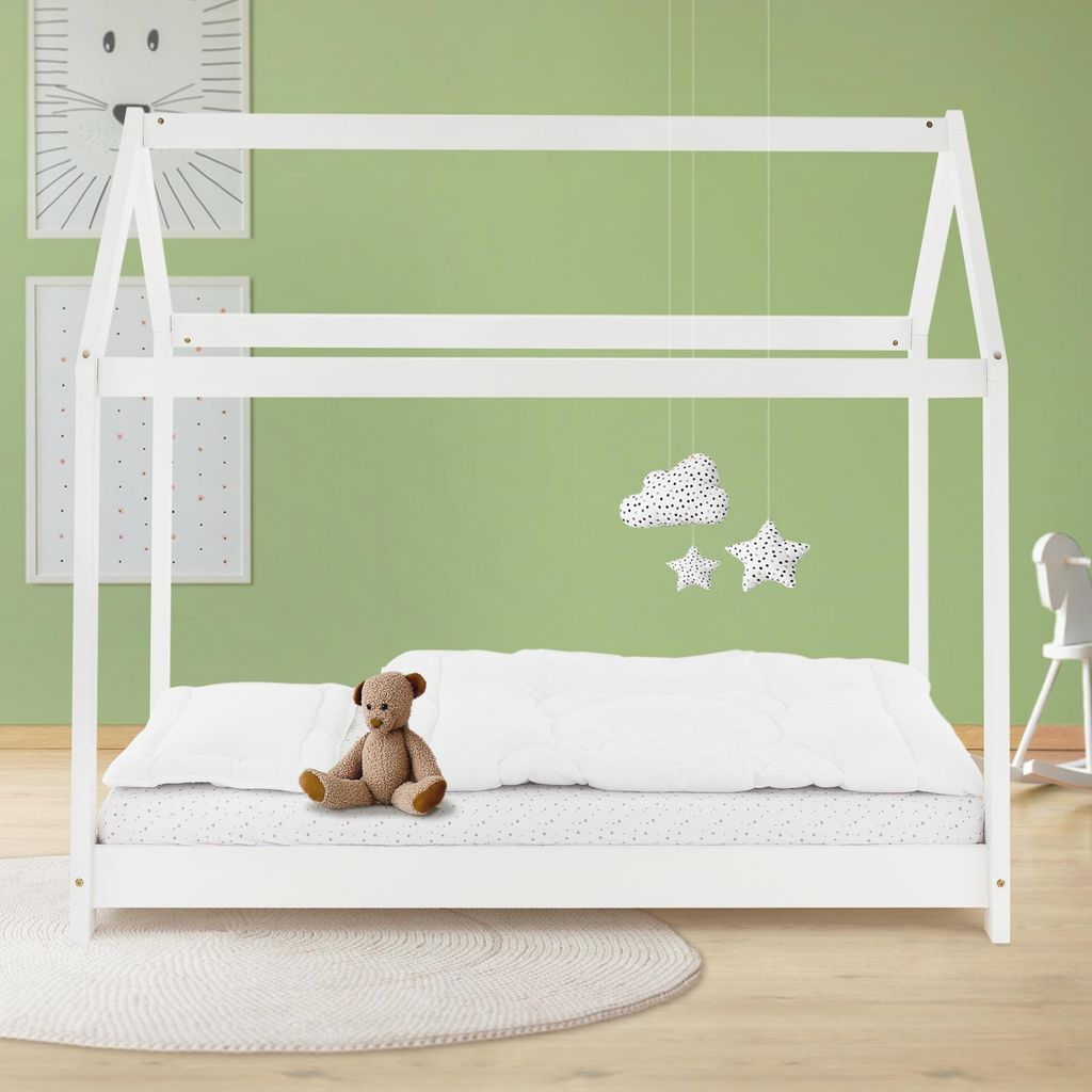 ML-Design Kinderbett 80x160 cm mit Dach und Lattenrost, Weiß, Hausbett aus massivem Kiefernholz Bodenbett Holzbett Jugendbett Spielbett Zelt