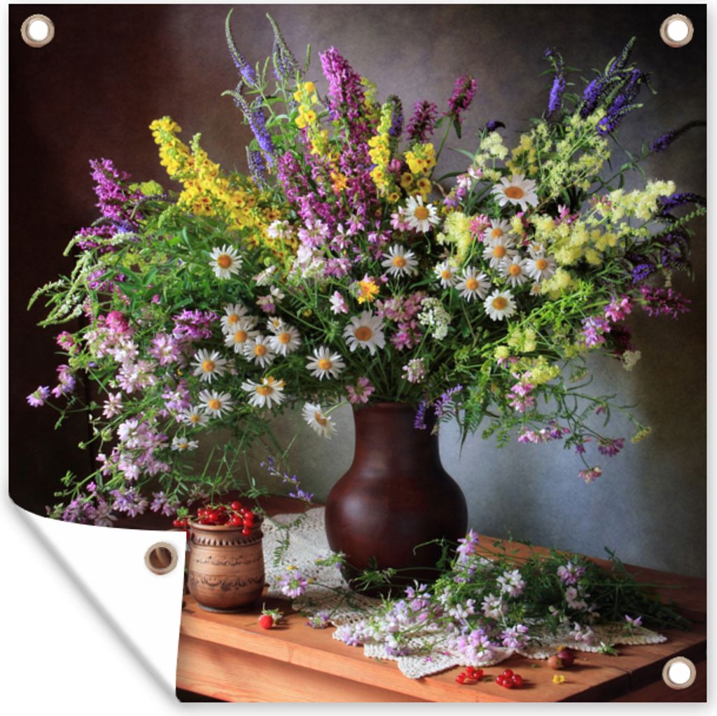 MuchoWow 100x100 cm Outdoor-Poster Gartendeko Sichtschutz Garten Poster für den Garten Blumen - Tisch - Stilleben - Blumenstrauß - Vase