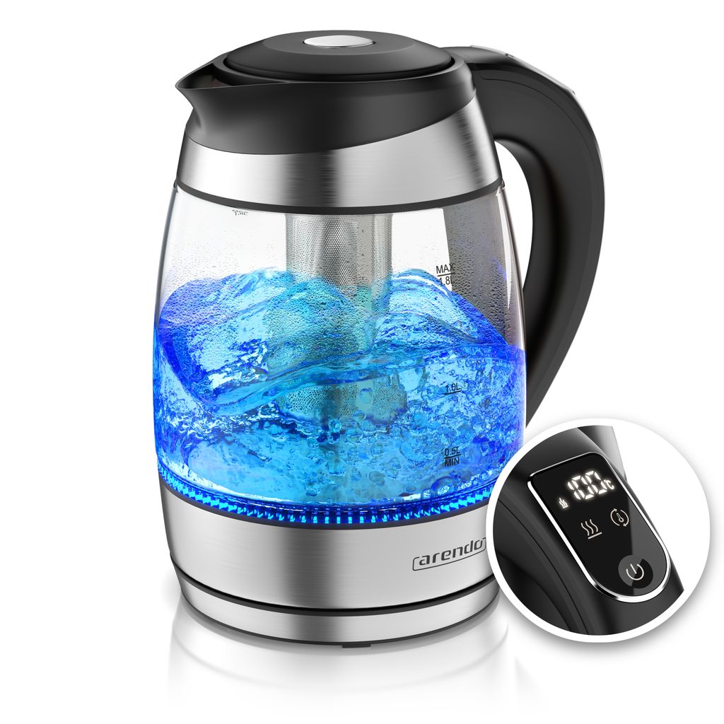 Arendo Wasserkocher mit Temperatureinstellung und Teesieb, Teekocher aus Glas & Edelstahl, 1,8 l, 2200 W, Temperaturwahl 40° C - 100° C, Überhit...