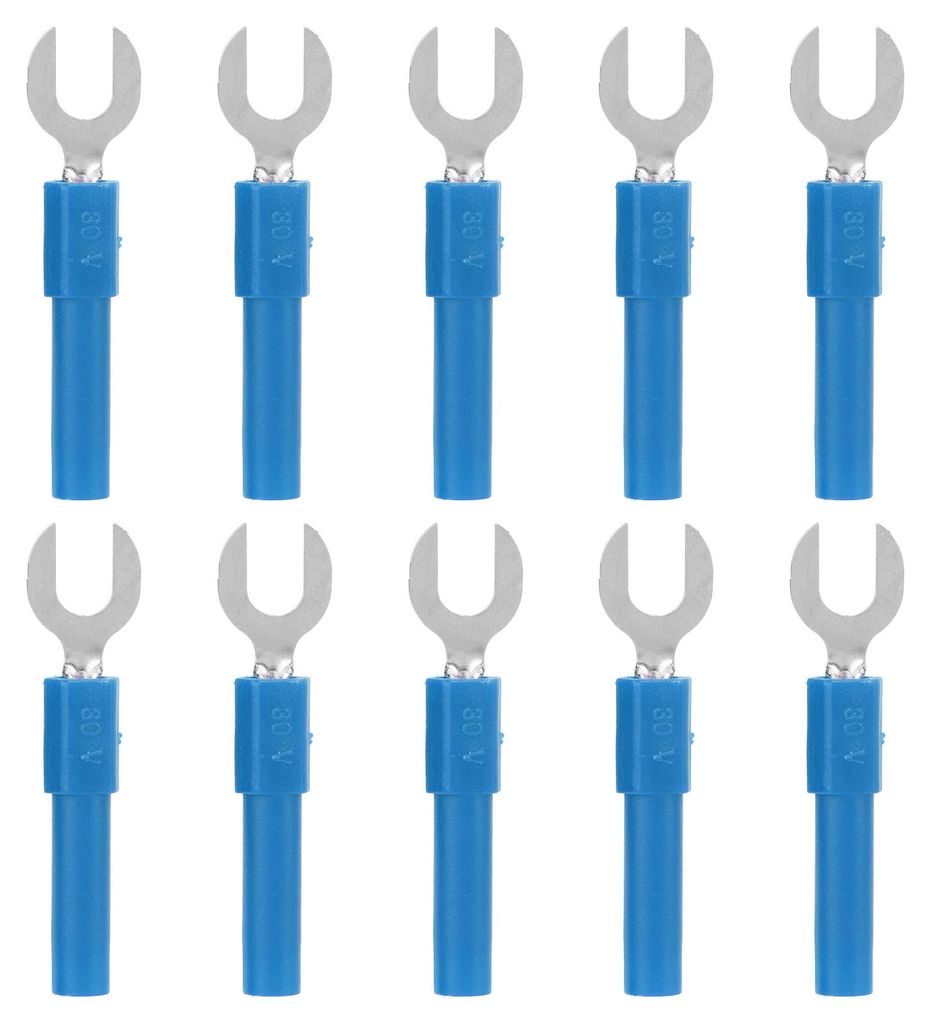 10 Stück Gabelkabelschuhe aus Messing, 6 mm Y-Form, 4 mm Bananenstecker, 30šC60 V AC, max. 10 A, blau