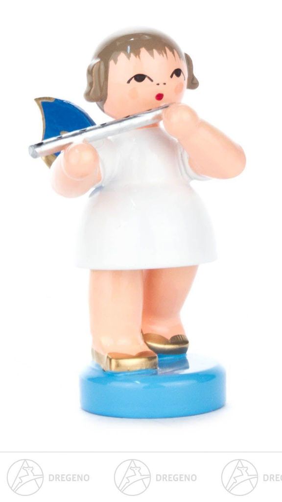 Engel mit Querflöte - Blaue Flügel - stehend (6cm) von Kunstgewerbe Uhlig