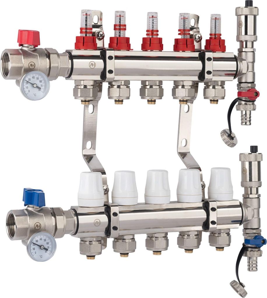 AQUA HEATING Heizkreisverteiler Für Fußbodenheizung 5 Heizkreise 10 Bar Verteiler Set Gerades Ventil PEX Verbinder
