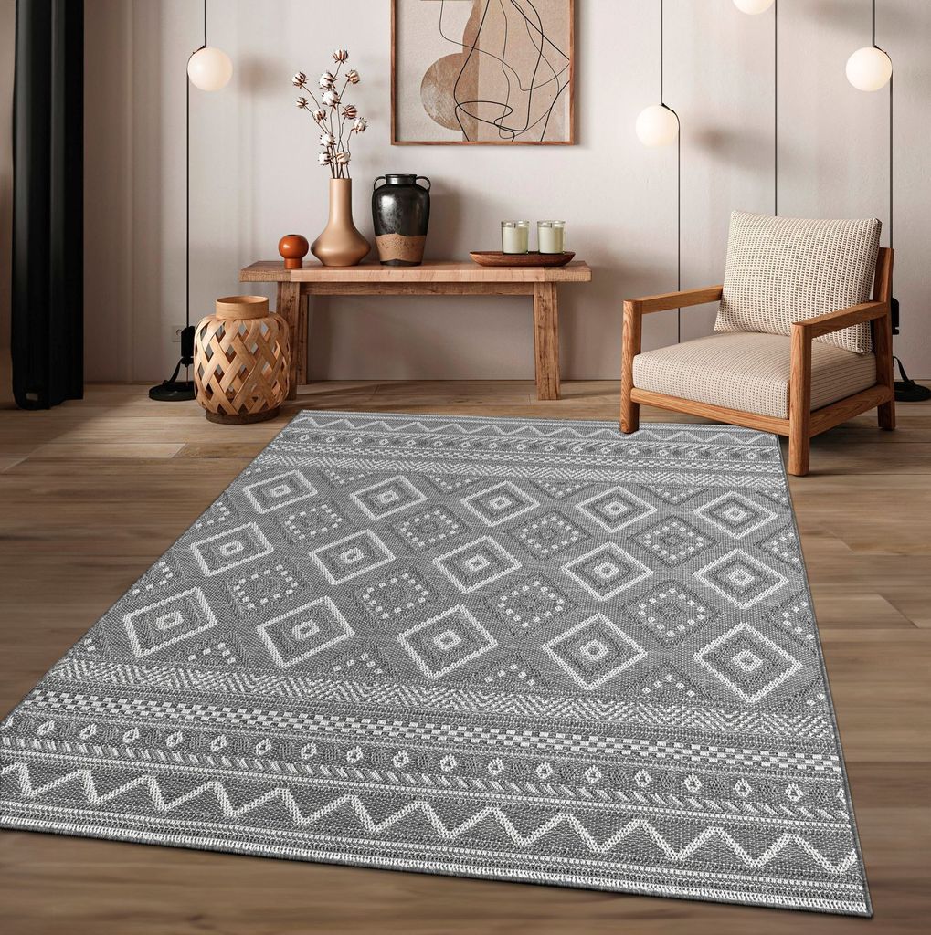 TT Home In-& Outdoor Teppich Wetterfest Balkon Küche Wohnzimmer Boho Rauten Design Größe 80 cm Rund