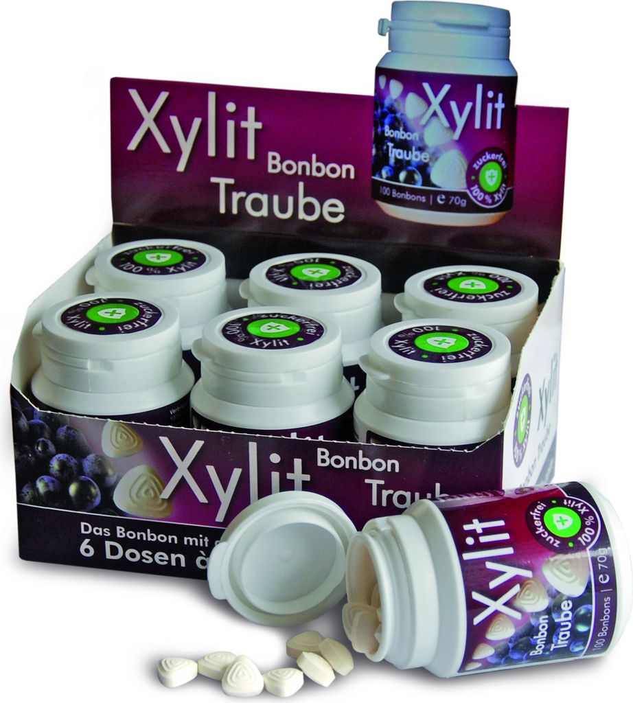 Xylit Birkenzucker Bonbon Blaue Traube (Grape) | 6 x 70g | 600 Xylit Bonbons Munderfrischung | zuckerfrei, vegan, ohne Aspartam