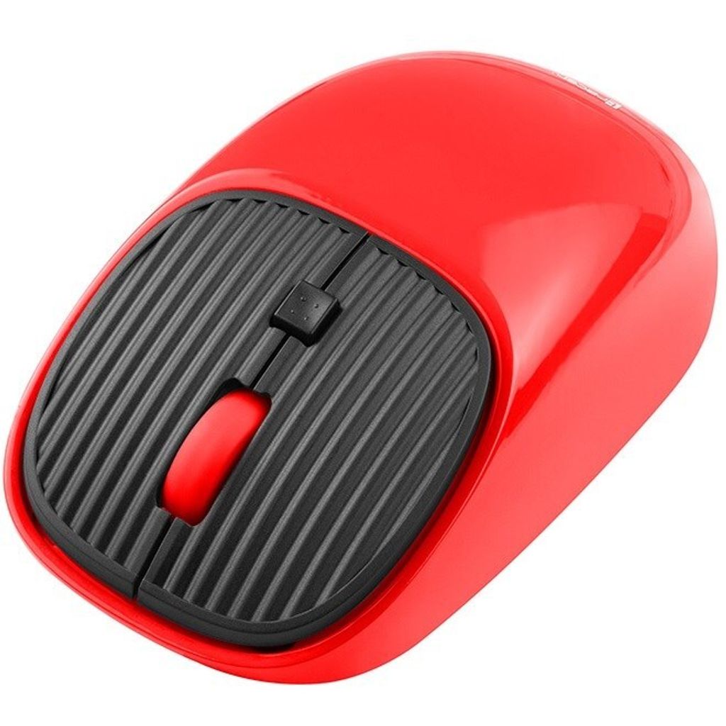 A red wireless computer mouse on a white background.