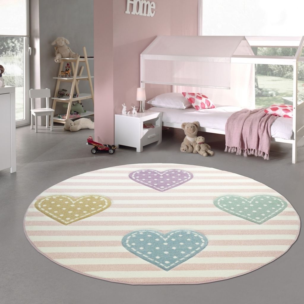 Kinderteppich Herzen Kinderzimmerteppich Mädchen in rosa lila grün Größe - 160 cm Rund