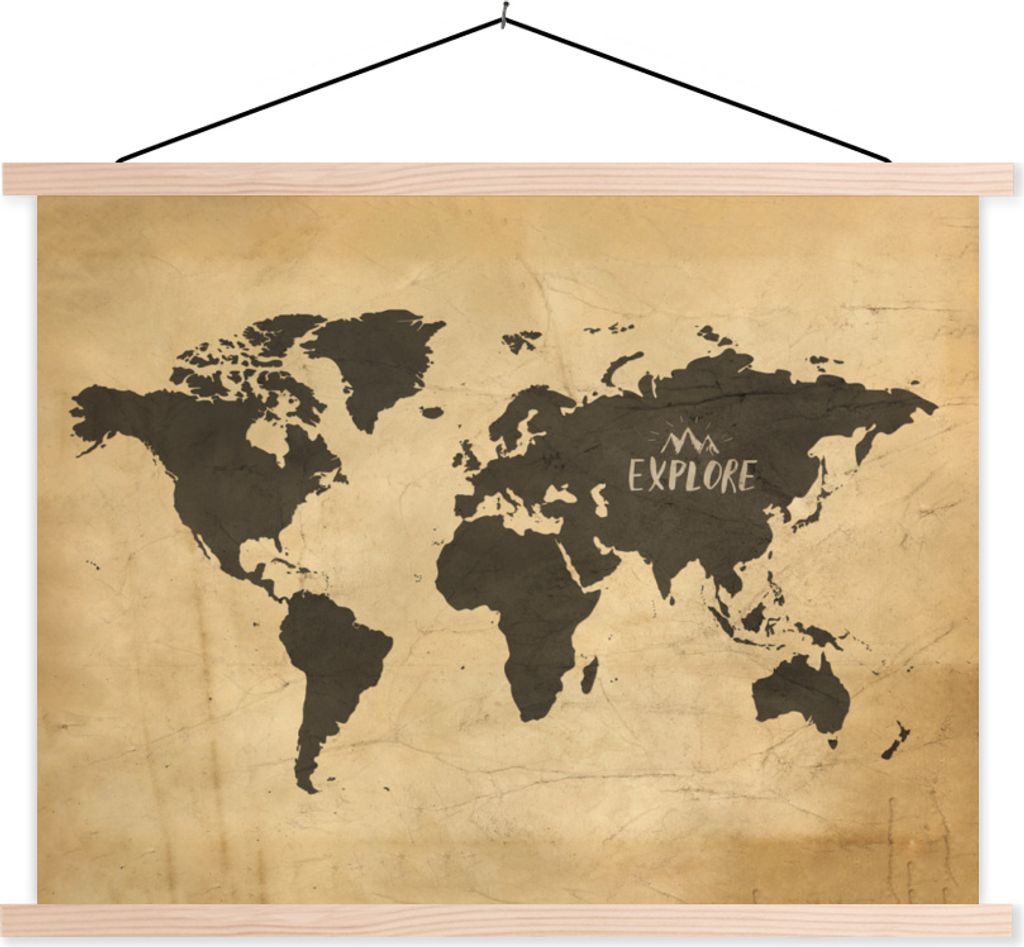 MuchoWow Textilposter Weltkarte - Vintage - Braun 60x45 cm mit holzfarbenen Rahmen - Bild