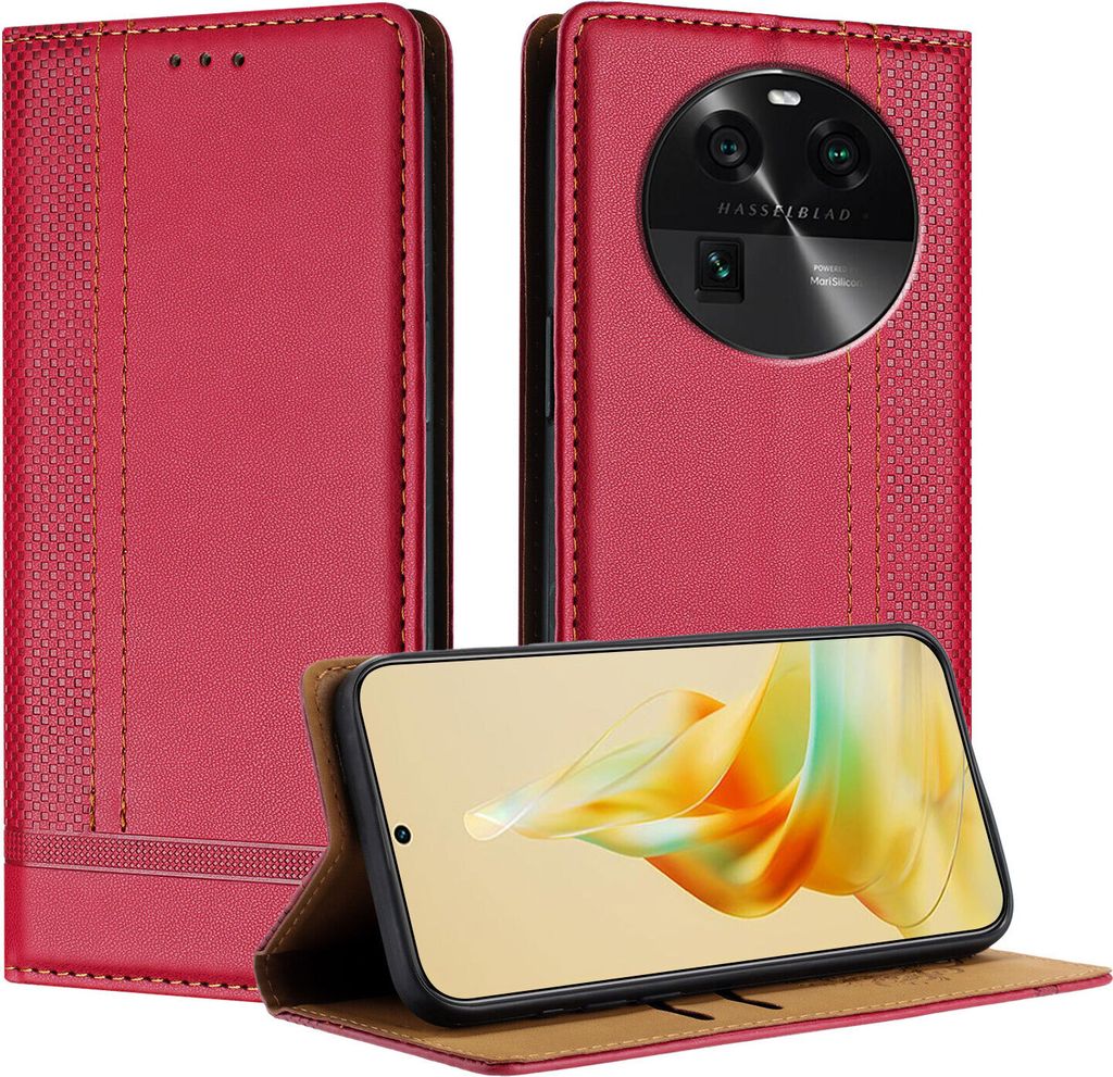 Handyhülle für OPPO Find X6 Leder Flip Klappbare Schutzhülle mit Standfunktion Rot