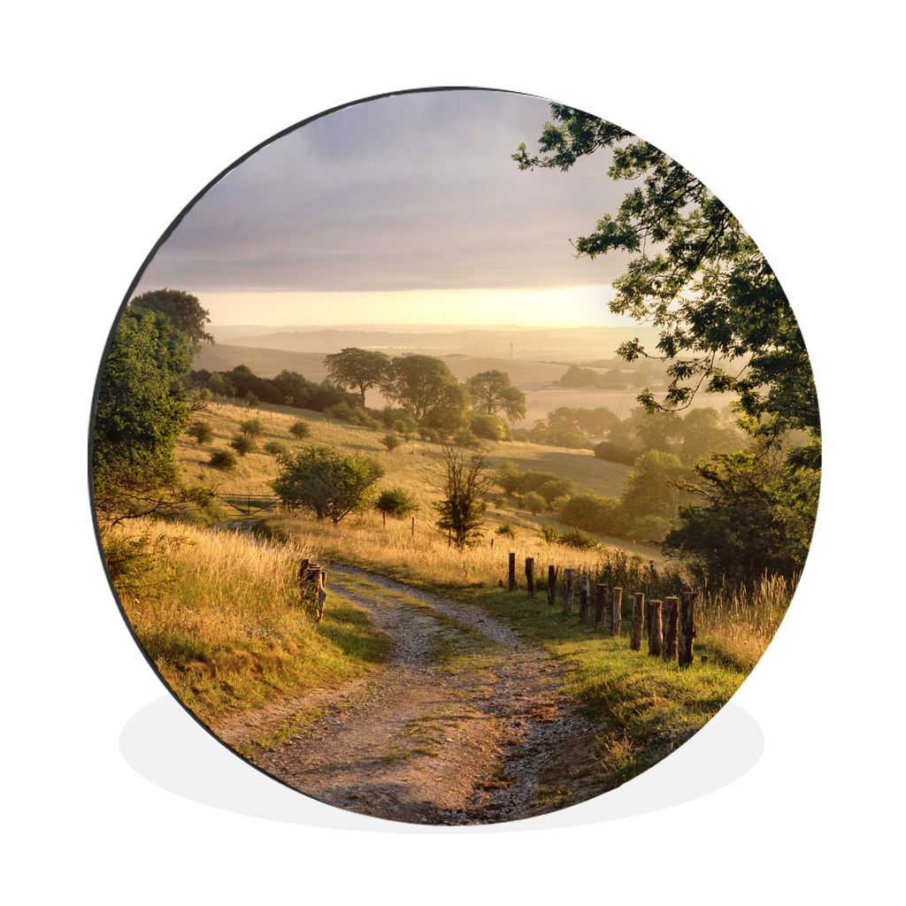 MuchoWow Aluminium Wandkreis Ungepflasterter Weg entlang von Ackerland in England Ø 90 cm Wanddeko Modern Wohnzimmer - Mauerkreis - Wandbilder -...