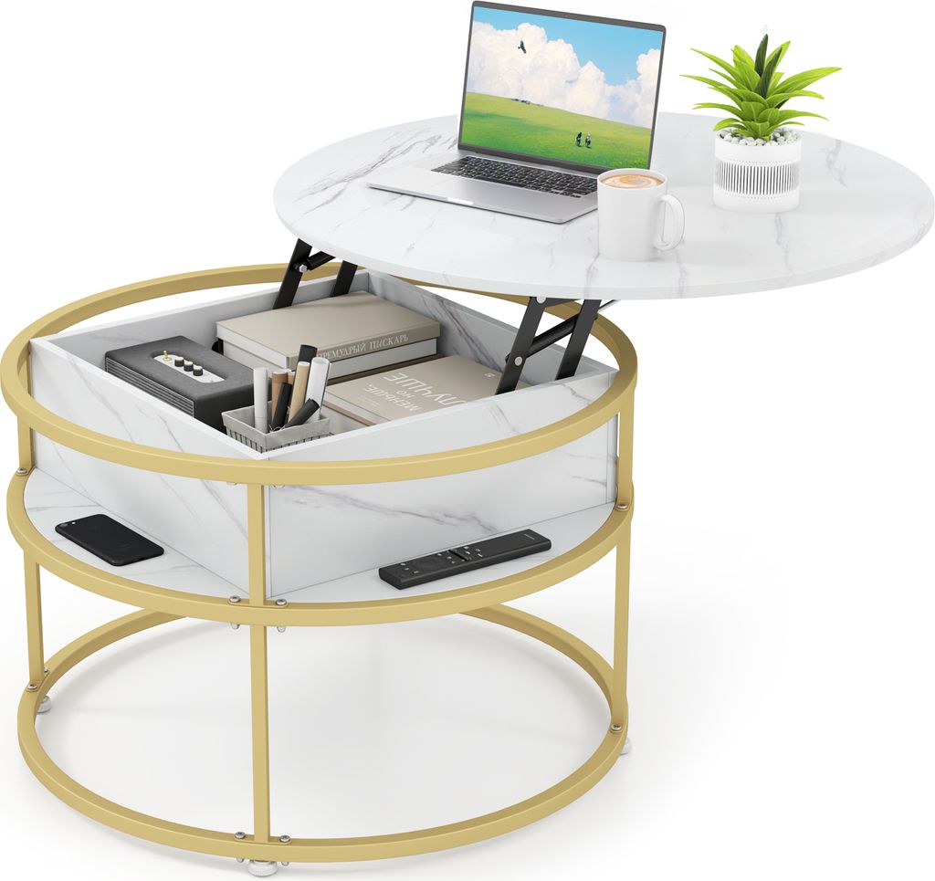 A round coffee table with a lift-top mechanism, storage compartments, and a metal frame, shown against a white background.
