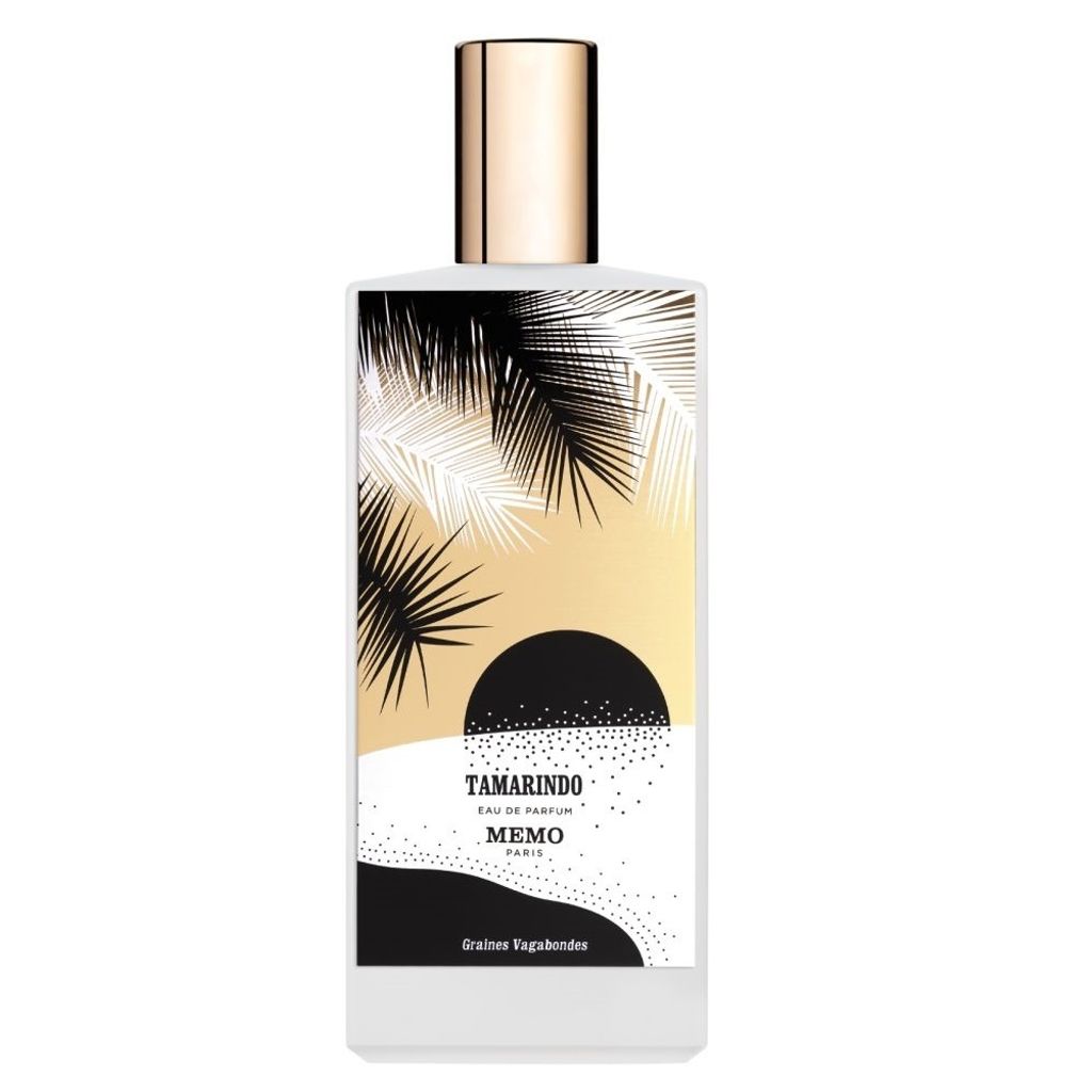 A bottle of MEMO PARIS Tamarindo Eau de Parfum spray with a tropical sunset design on the label.