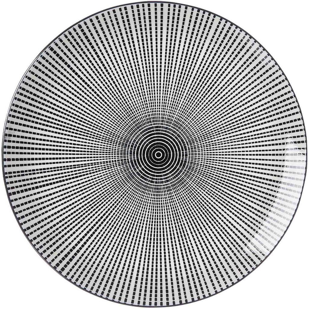 A top-down view of a round plate with a black and white radial pattern.