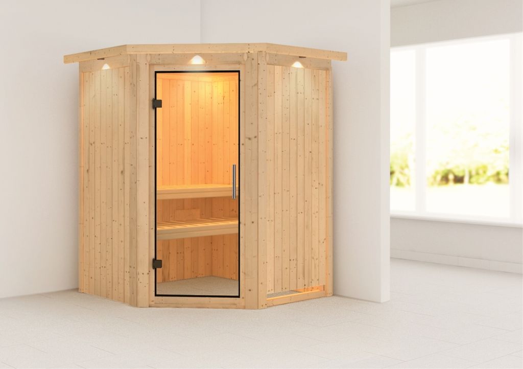 Sauna Larin : Klare Ganzglastür : mit Dachkranz : ohne Ofen Dachkranz: mit Dachkranz Saunaofen: ohne Ofen Saunatür: Klare Ganzglastür