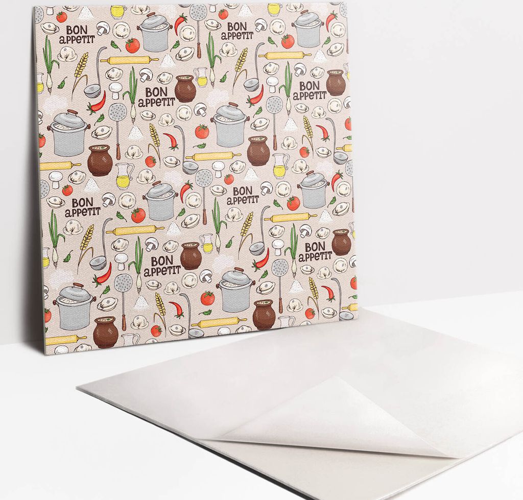 Fliesenaufkleber Set - 9 Stück Selbstklebende PVC Fliesen-Designs - Für Bad und Küche 30 x 30 - Bon Appetit -Thema