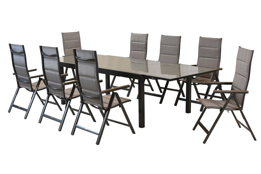 Merxx Gartenmöbelset Trivero 9tlg., 8 Klappsessel, 1 Ausziehtisch 200 (300) x 110 cm -Aluminium/Textil