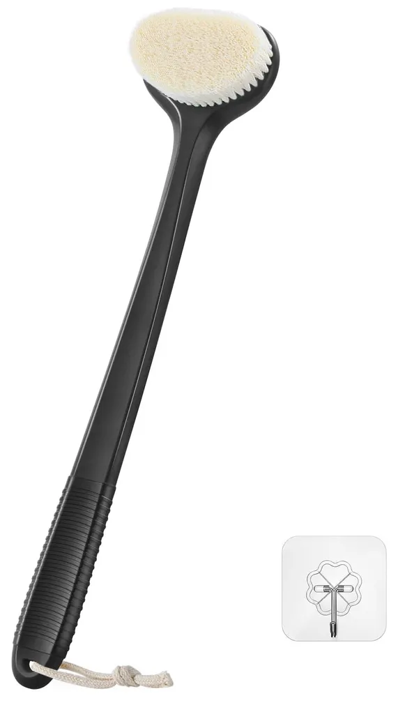 Brosse de douche pour le dos, accessoire exfoliant noir avec long manche