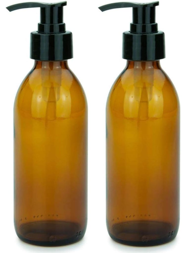 2 Seifenspender à 200 ml, Lotionspender, Glas, braun, lebensmittelecht, inklusive Etiketten