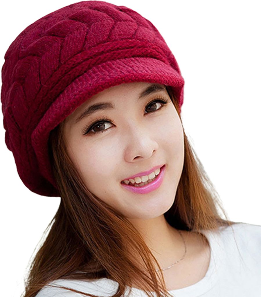 Frauen Winter einfarbig warm gestrickt Baggy Beret Beanie Hut Slouch Ski Cap, Farbe: Weinrot