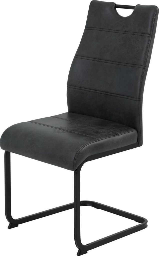 A single gray cantilever chair with a black metal frame is shown against a white background.