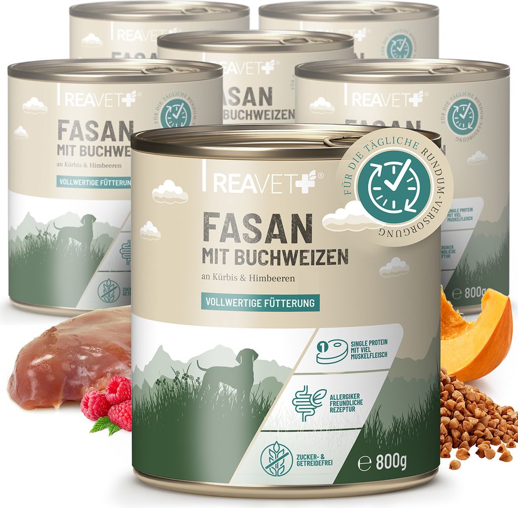 REAVET Premium Hunde Nassfutter - Fasan an Buchweizen & Himbeeren 6 x 800g I mit hohem Fleischanteil & viel Muskelfleisch, Getreidefrei, Hundefutte...