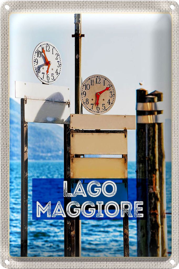 Blechschild Reise 40x30cm Lago Maggiore Uhr Zeit Meer Gebirge