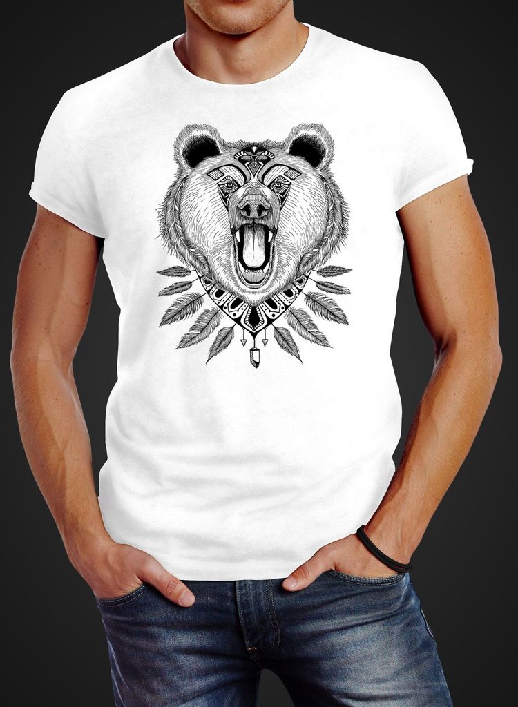 Herren T-Shirt Bär Boho Bear Zentangle Bohemian Atzec Federn Slim Fit Neverless weiß L