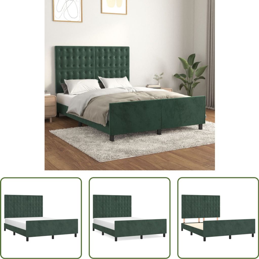 The Living Store Bettgestell mit Kopfteil Dunkelgrün 140x190 cm Samt