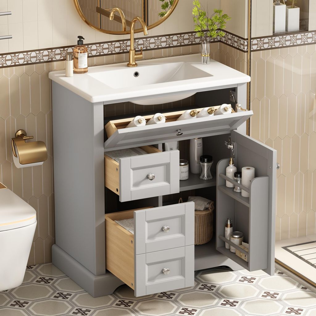 Flieks Badezimmerschrank mit Waschbeck, Standschrank Wäscheschrank mit 3 Schubladen und verstellbarer Ablage, Waschbecken mit Unterschrank, 76x46x...