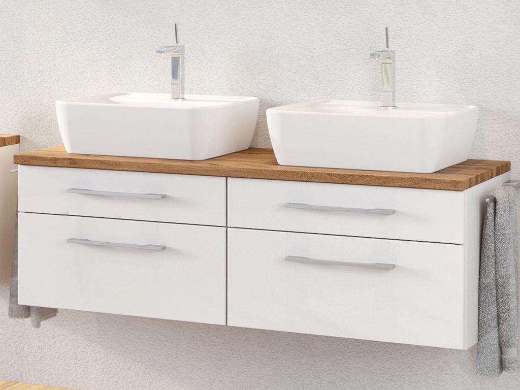 Doppel-Waschtisch Waschplatz Badschrank Handwaschplatz Badmöbel "Davos I" Weiß/Weiß-Matt