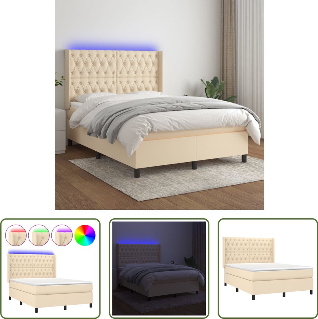 The Living Store Boxspringbett mit Matratze & LED Creme 140x190 cm Stoff