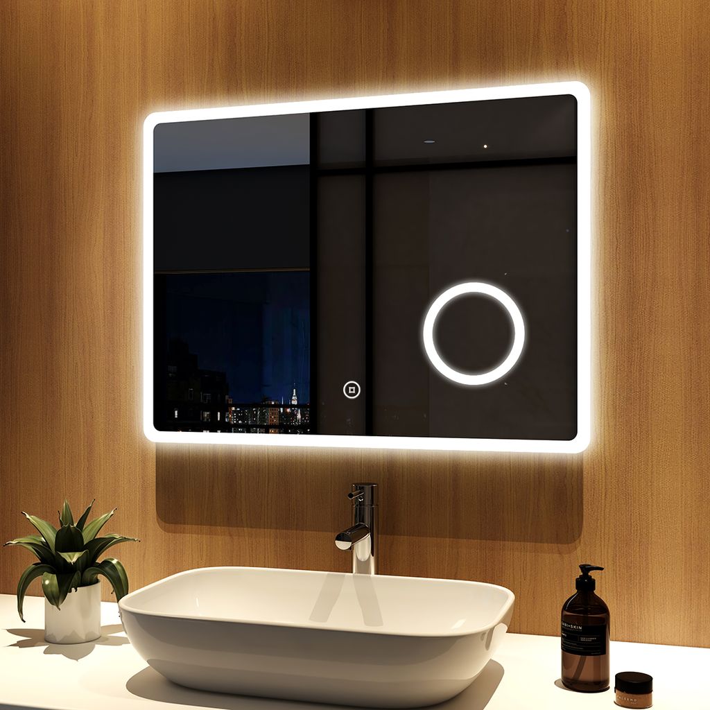 Badspiegel LED Touch Badezimmerspiegel mit Uhr Bluetooth Wandspiegel 80x60 cm 