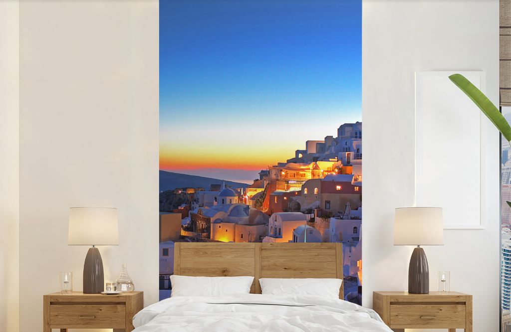 MuchoWow Fototapete für Wohnzimmer oder Schlafzimmer Wandtapete Vinyl Motivtapete Oia Santorini mit farbenprächtigem Sonnenuntergang in Grieche...
