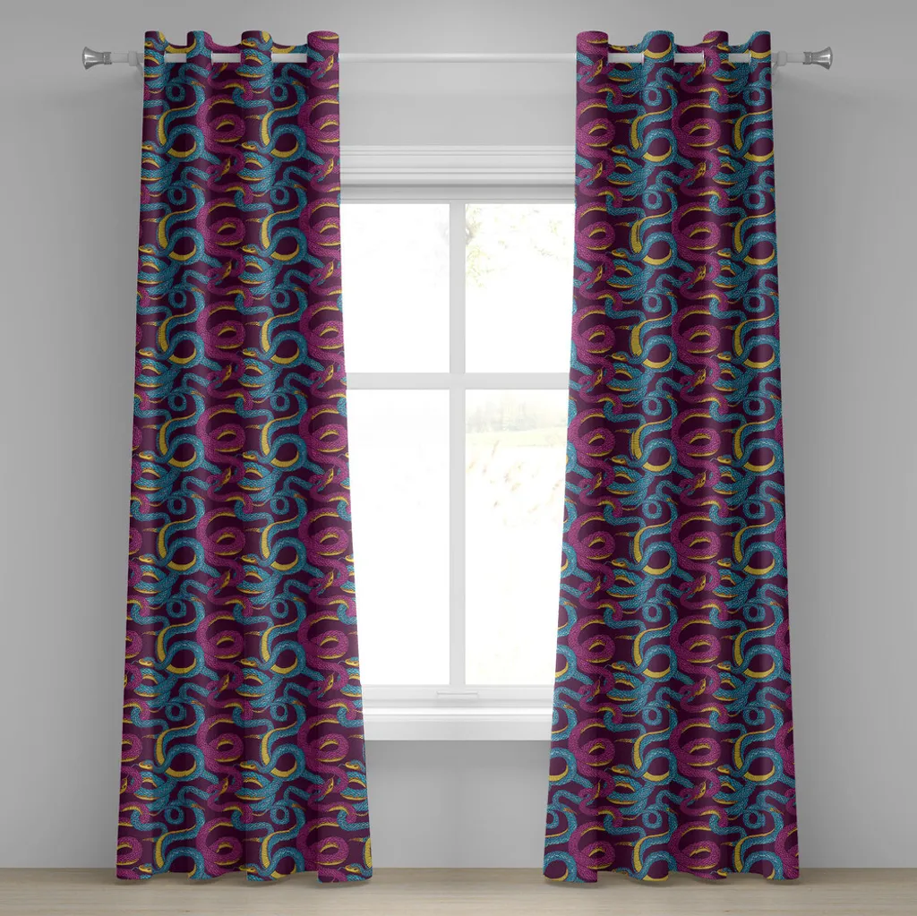 ABAKUHAUS Tenda con occhielli, motivo artistico disegnato a mano con serpenti che si contorcono, corpi intrecciati, rettili esotici, tende decorative a 2 pannelli, 280 cm x 245 cm, blu prugna e giallo