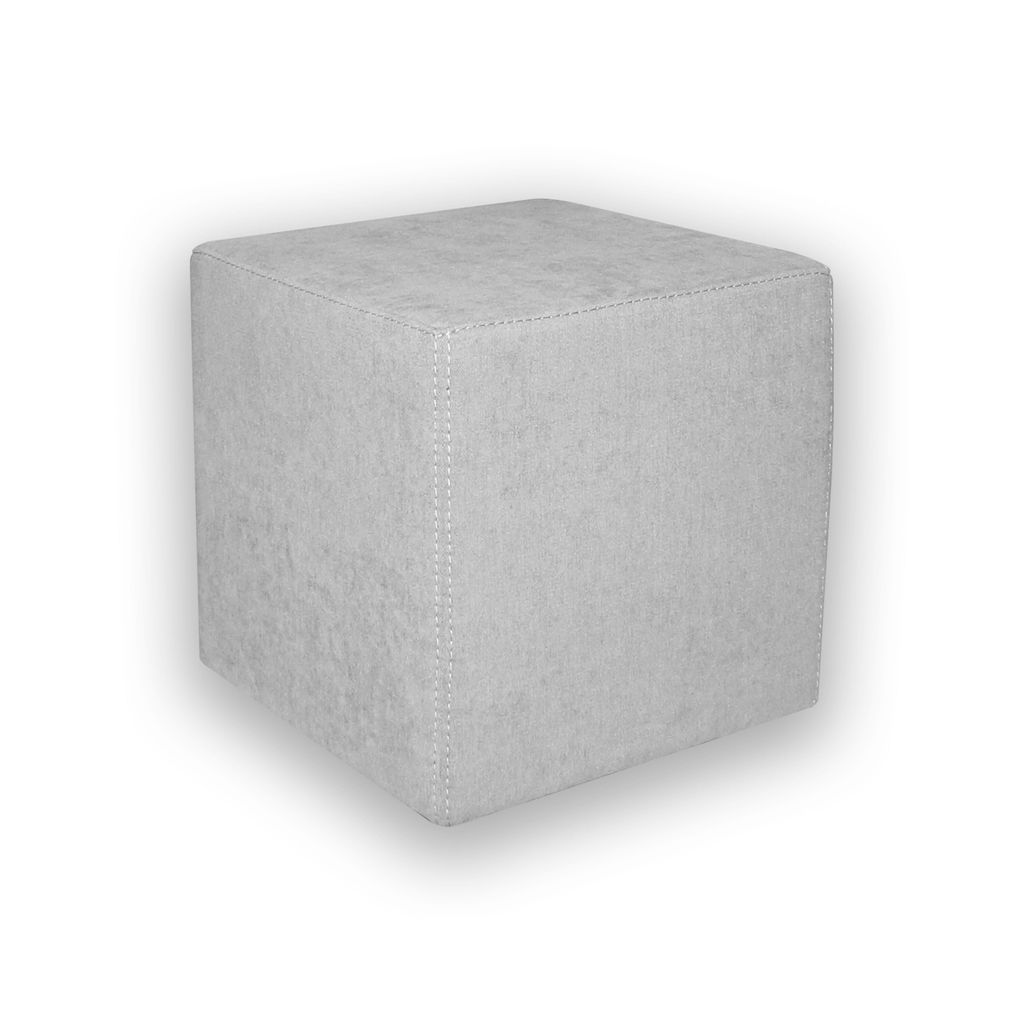A light gray cube-shaped ottoman is shown against a white background.