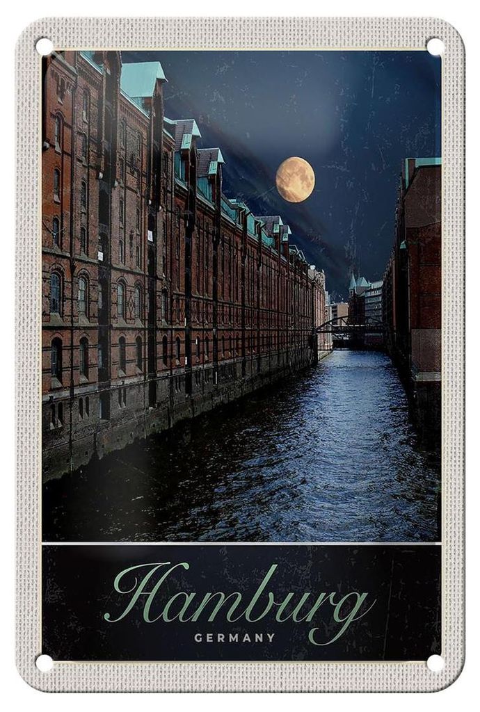 Blechschild Reise 12x18cm Hamburg Deutschland Fluss Nacht Trip Schild