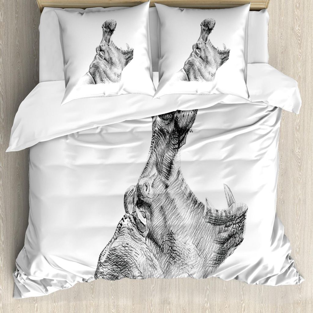ABAKUHAUS Nilpferd Bettbezug Set, Handgezeichnete Bleistift Skizze Stil Digitalbild Hippopotamus Portrait Gähnen Figur, 200 x 200 cm + 80 x 80 cm,...