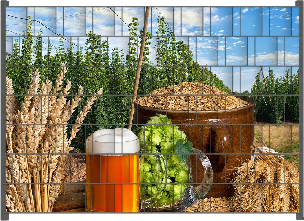 Wallario Zaunsichtschutz mit Motiv Frisch gezapftes Bier, Hopfen und Malz für Ein- und Doppelstabmatten Zäune in der Größe 200 x 140 cm