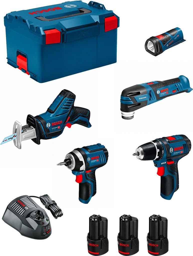 BOSCH Monster Kit Set K11 (GSR 12V-15 + GDR 12V-105 + GSA 12V-14 + GOP 12V-28 + GLI 12V-80 + 3x2,0 Ah + GAL1230CV + L-Boxx 238)