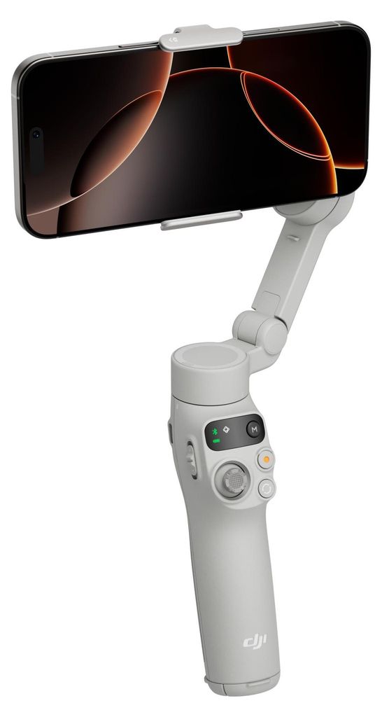 A smartphone is mounted on a white gimbal stabilizer.