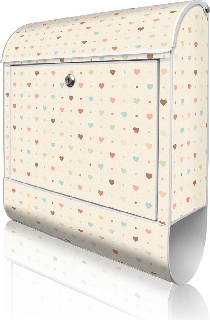 banjado Design Briefkasten Stahl weiß mit Zeitungsfach pulverbeschichtet "Herzen bunt" 38x46x12,5cm & 2 Schlüssel - Postkasten A4 Einwurf inkl. M...