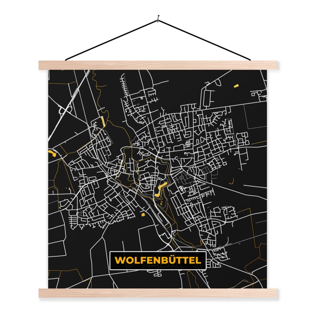 MuchoWow Textilposter Gold - Deutschland - Karte - Stadtplan - Wolfenbüttel 120x120 cm mit holzfarbenen Rahmen - Textil-Poster