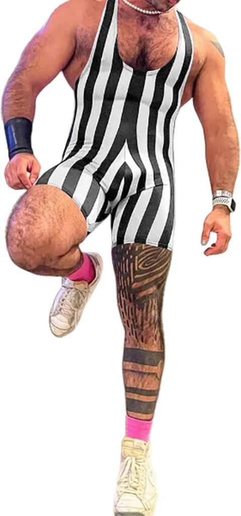 Herren Fitness Bodysuit Ärmellos Tiefer U-Ausschnitt Gestreifter Jumpsuit Gym Athletic Supporters Boxer Wrestling Singlets Trikot Tank Top Unterhe...