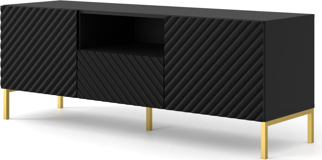 TV Schrank SURF 2D1S 150 cm SCHWARZ MATT Lowboard 2 Türen Schublade mit gefräster fronten MDF Unterschrank Fernsehschrank BEINE GOLDEN