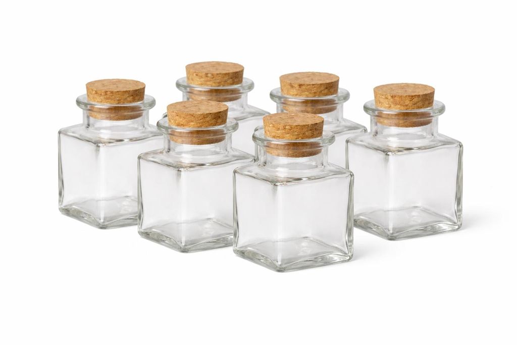 Set aus 6 quadratischen Glasfläschchen 80 ml – Ø 4,5 x 9 cm – mit Korkverschluss – Wiederverwendbar – Transparent