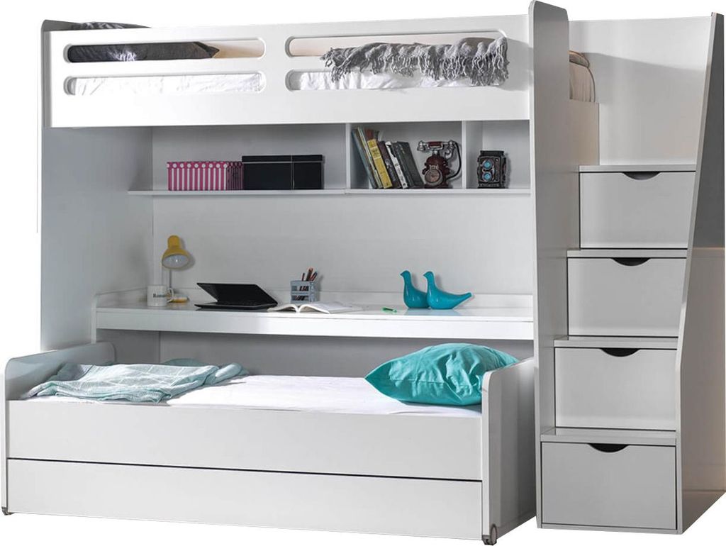 Etagenbett SMART mit Schreibtisch und Treppe, 3 Farben : Weiß ohne Schrank Farbe: Weiß Schrank: ohne Schrank