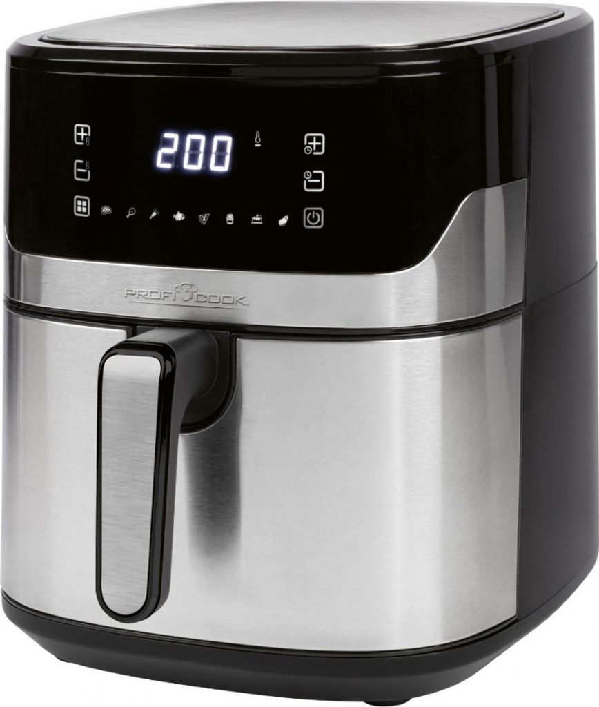 A close-up studio shot of a black and silver air fryer.